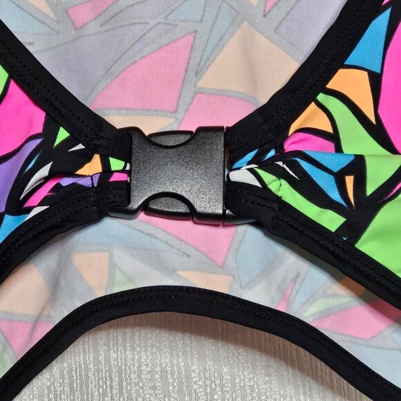 Rolita Couture Bold Colorful Neon Stained Glass Print Festival Buckle Crop Top - Picture 5 of 14